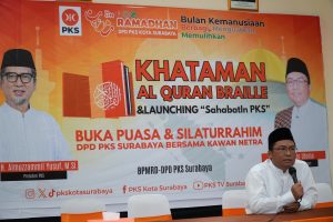 Bung Tomo menyampaikan sambutan dan komitmen PKS terhadapat kaum rentan dan disabilitas di acara Khataman Al Quran Braille